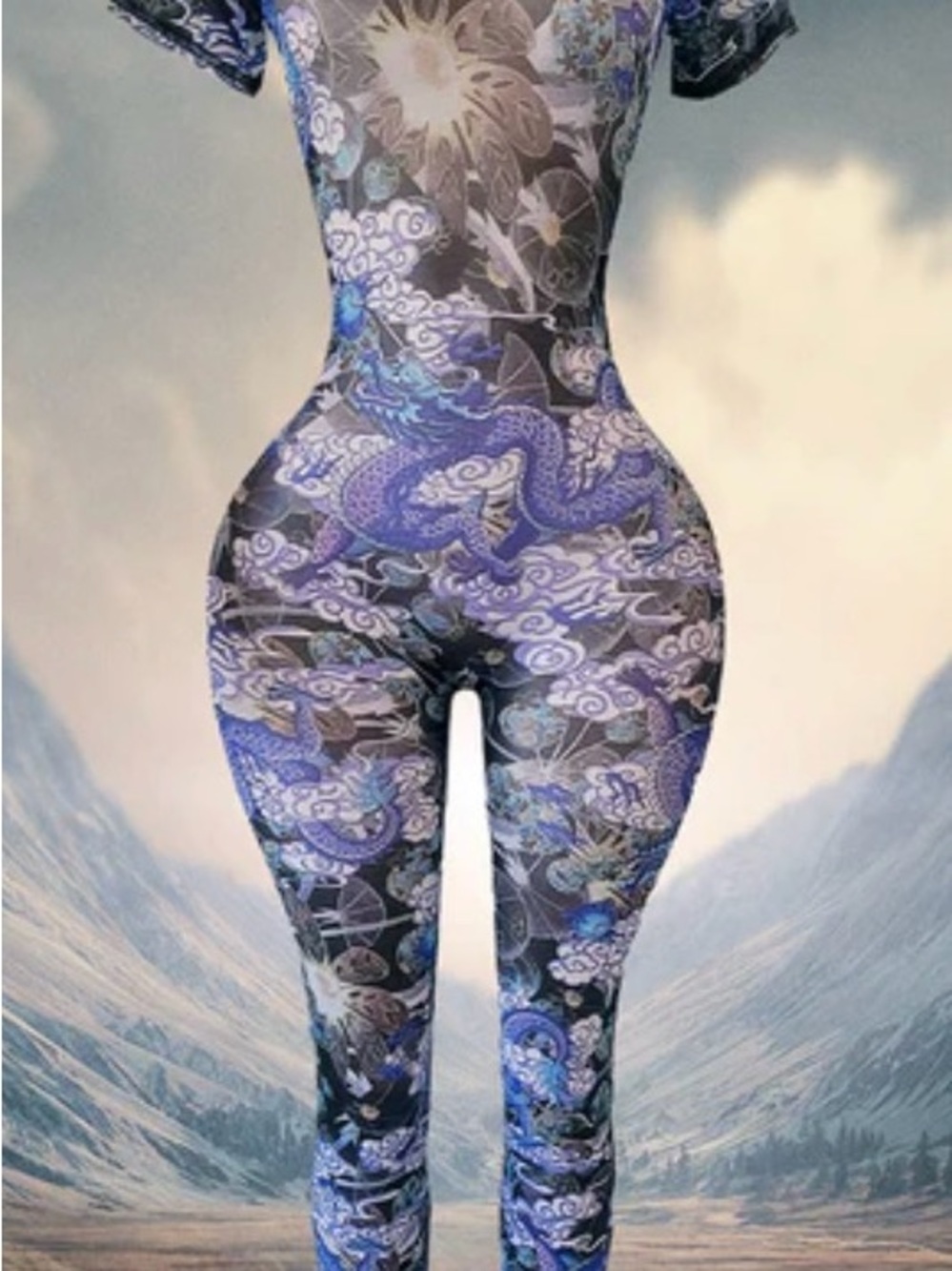 Blue Dragon-Print Short Sleeve Jumpsuit